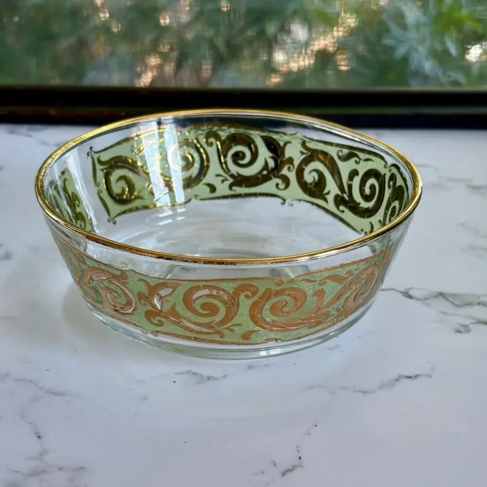 MCM Culver Glass Bowl 22K Gold Scroll Green Band Vintage Dish